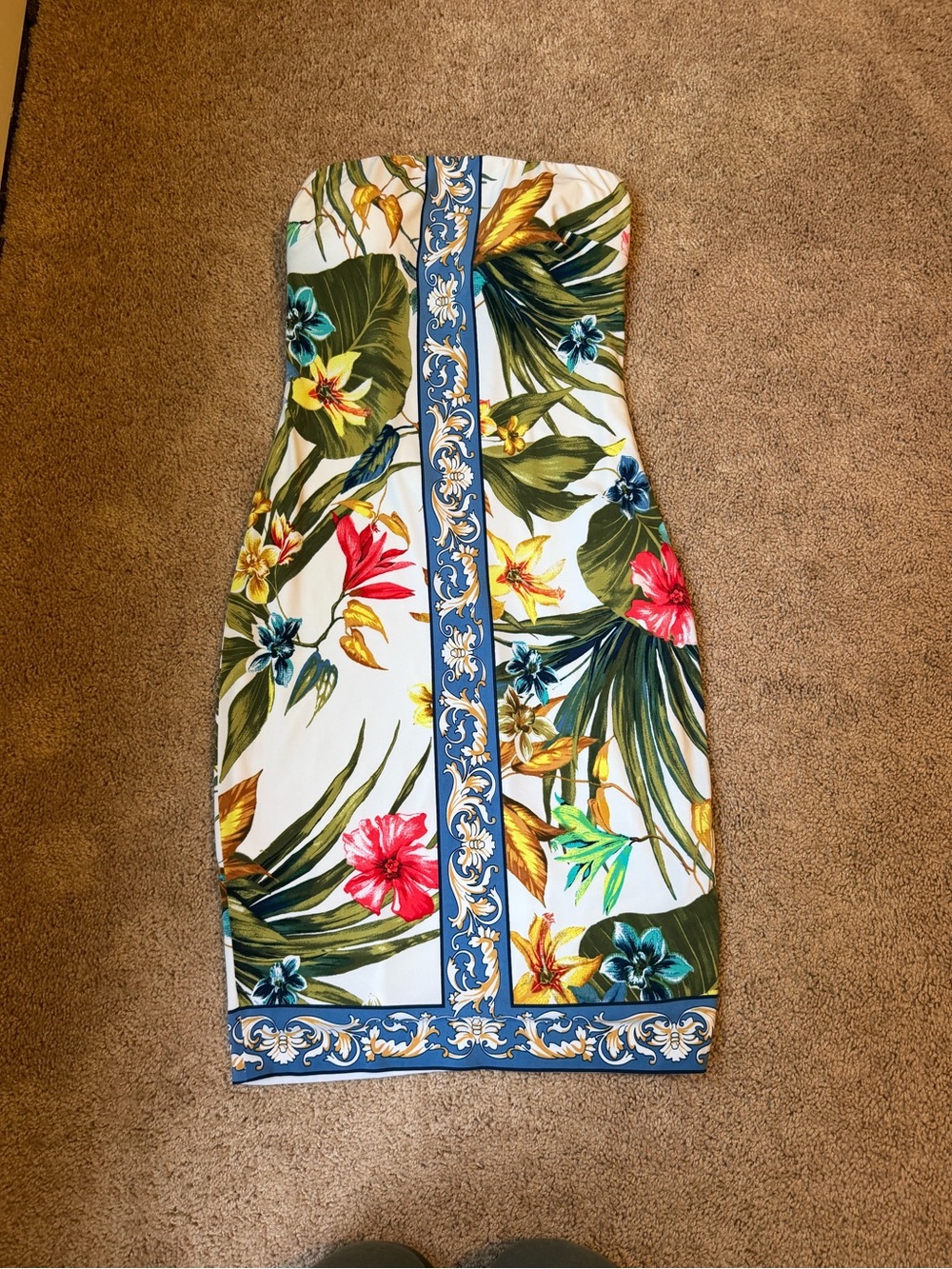 Cache White Strapless Floral Bodycon Dress with Blue Trim